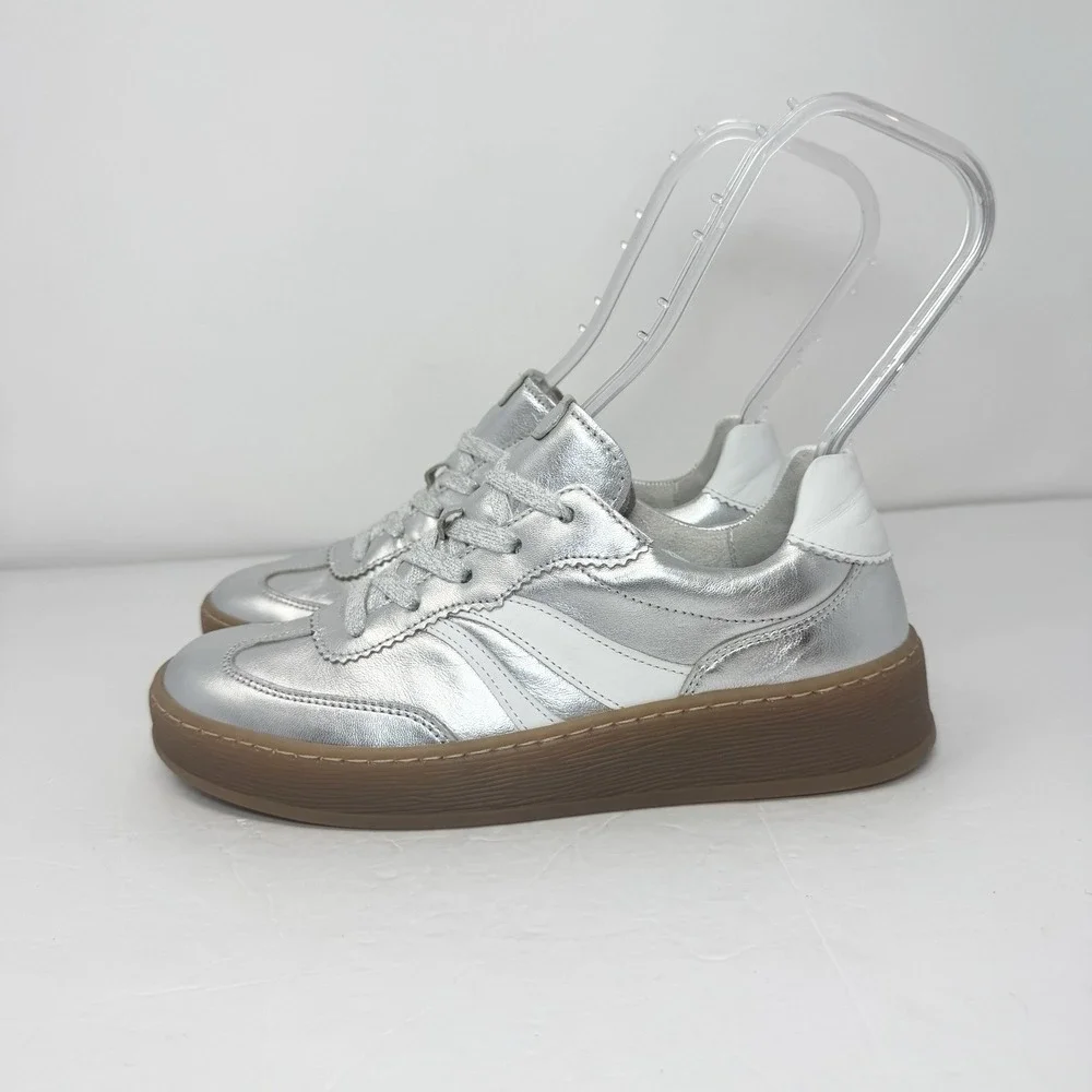 Gabor Low Top Sneakers 86.475 Womens 7.5 Silver Metallic Leather Gum Sole